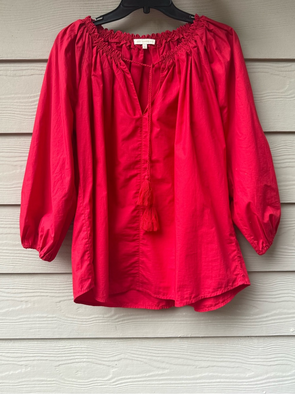 ANN MASHBURN Red Peasant Top with Tassel Tie